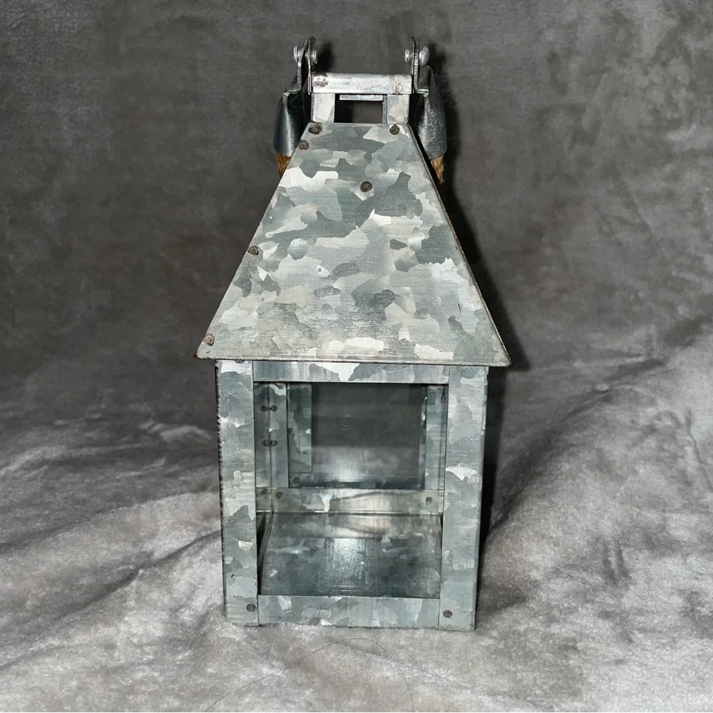Industrial Galvanized Metal Lantern with Thick Rope Handle Gray Farmhouse Decor